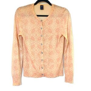 GAP Cardigan Med Dressy Pink/Cream Floral Cardigan Sweater Rhinestone Buttons